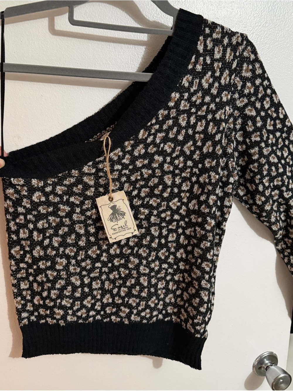 easel Black and Cream Off-the-Shoulder Patterned Sweater